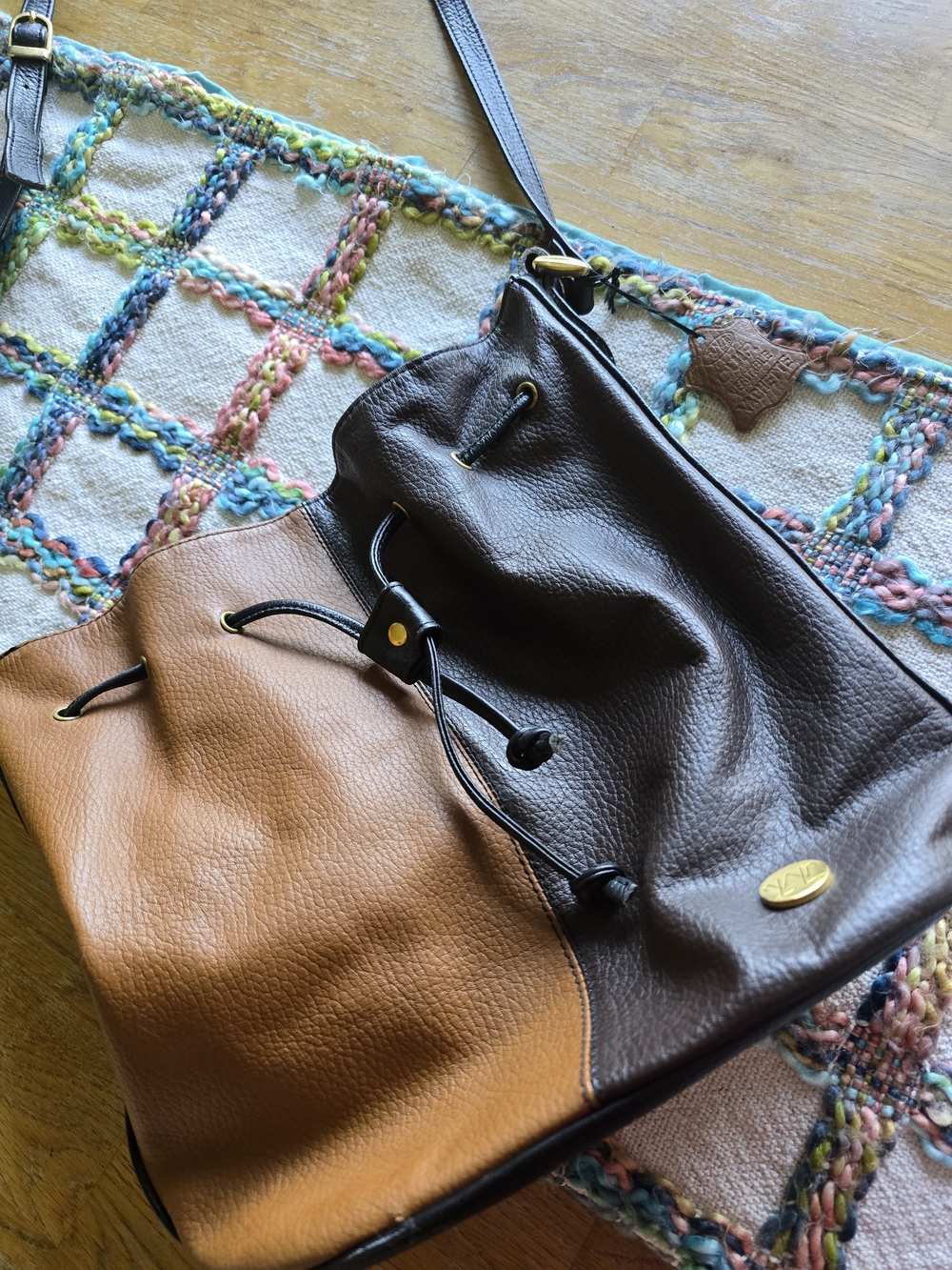 Leather Two-Tone Brown & Tan Drawstring Shoulder Bag